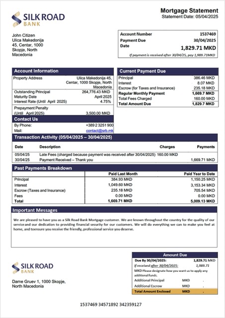 Download North Macedonia Silk Road Bank mortgage statement Word and PDF template Photoshop template